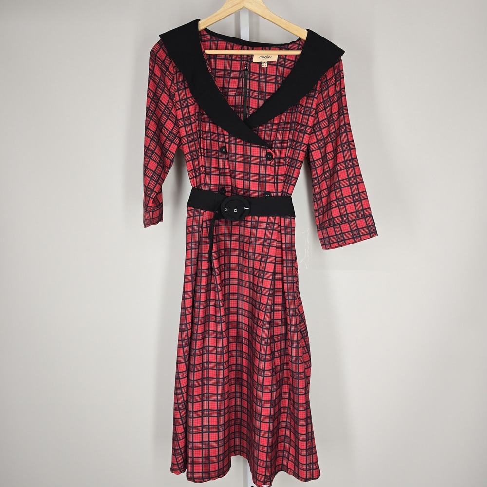 Timeless London Red Black Plaid Double Breasted Midi Dress Belted Collar Size 12